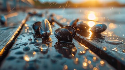 Poster - Seashells sit on a damp wooden surface with rain droplets glistening on them as the sun sets in the background, creating a serene atmosphere by the water.