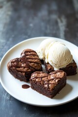 Wall Mural - Freshly baked brownies served with scoops of creamy ice cream on a white plate, perfect for desserts or snacks