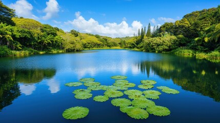 Wall Mural - Serene Lake Surrounded by Lush Greenery and Blue Sky Reflection