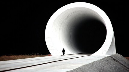Wall Mural - a solitary figure walks toward a large, white, cylindrical tunnel against a dark background. the sce