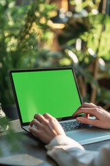 Wall Mural - A person works on their laptop with a green screen in the background