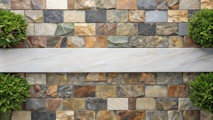 Poster - Textured Stone Wall with Light Horizontal Panel and Greenery