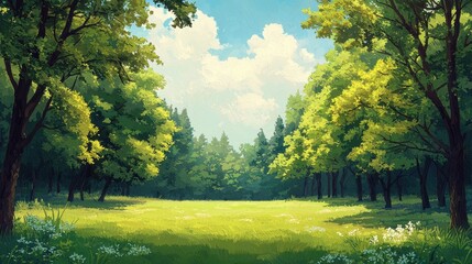 Wall Mural - Serene Landscape of Lush Green Trees Under Bright Blue Sky