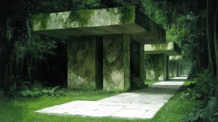 Poster - Serene pathway through moss-covered structures in a lush green forest. An intriguing architectural scene.