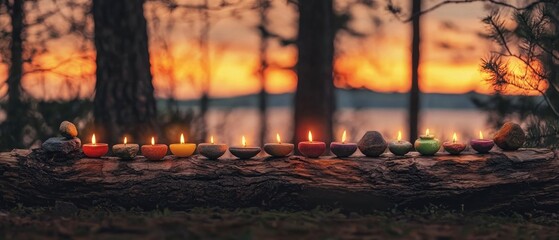 Wall Mural - Colorful Candles Lit at Sunset in a Forest