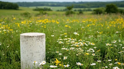 Sticker - White Marker in Field Surrounded by Wildflowers Under Cloudy Sky