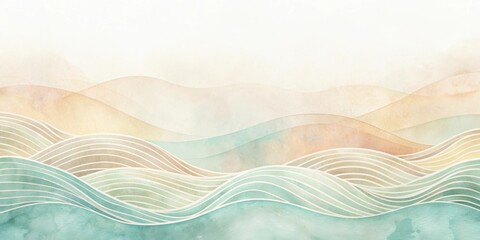 Poster - Serene Watercolor Landscape of Rolling Hills and Gentle Waves, Ideal for Peaceful Backgrounds and Design Elements