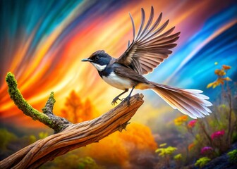 Wall Mural - Surreal Pied Fantail Bird Leaping on Branch, Whimsical Nature Photography