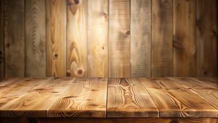 Poster - Rustic Wooden Tabletop Against a Warm Wooden Wall Background, Perfect for Product Displays or Mockups