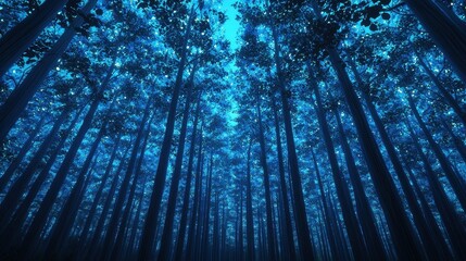 Poster - Tranquil Blue Forest Canopy with Tall Trees Under Night Sky