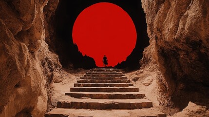 Wall Mural - silhouette of a man ascending stone steps towards a giant red sun in a cave.