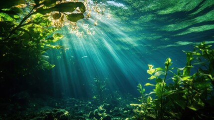 Poster - Sunbeams Illuminate Underwater Paradise: An Aquatic Scene of Serenity