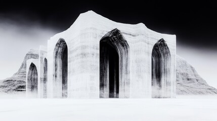 Wall Mural - Monochromatic architectural marvel.  A mystical structure stands against a stark, hazy landscape.