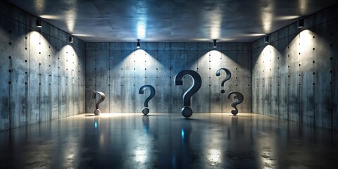 Aufkleber - Illuminated Question Marks in a Concrete Room, Seeking Answers to Unknowns