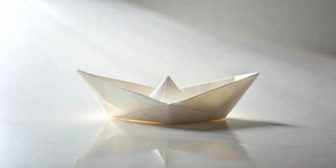 Aufkleber - A simple white origami boat floats serenely on a reflective surface, illuminated by a soft, diffused light.