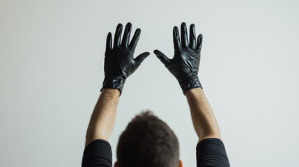 male hands up in black latex gloves isolated on white background