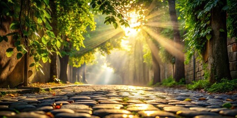 Fototapete - Sunlit Cobblestone Lane A Serene Morning Stroll Through a Tree-Lined Path