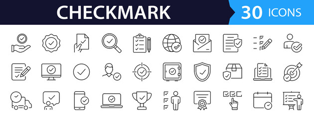 Fototapete - Check mark set of web icons in line style. Approve icons for web and mobile app. Approve, check marks, ticks, inspector, quality check, approved icons and more. Vector illustration