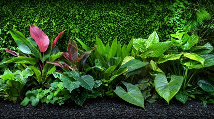 Wall Mural - Lush Green Tropical Plants Against a Textured Vertical Garden Wall