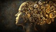 © Itsaree  - Digital man head silhouette with abstract gear brain, technological transformation, hightech innovation, glowing metallic gears, futuristic visual art