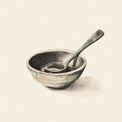 Wall Mural - Hand-drawn bowl and spoon, still life illustration, food