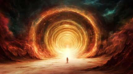 Wall Mural - a solitary figure walks towards a fiery, swirling portal, a mesmerizing journey into the unknown.
