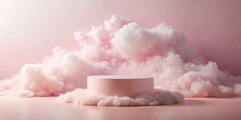 Poster - Pink cylindrical pedestal in a fluffy cloud scene