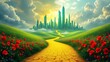 © Din Nasahrudin - Yellow brick road leading through poppy field to green emerald city in the distance. Wizard of Oz concept.