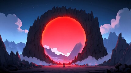Wall Mural - a lone figure stands before a colossal rock formation framing a vibrant red sun, creating a surreal 