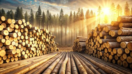Poster - Golden Hour Lumber Harvest Stacks of freshly cut logs in a sun-drenched forest, showcasing the natural beauty and timber industry.