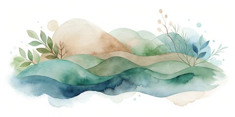 Aufkleber - Serene Watercolor Landscape Featuring Rolling Hills, Plants, and a Calm Atmosphere