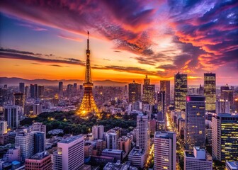 Wall Mural - Tokyo Skyline Silhouette Purple Twilight Sky - Dramatic Cityscape Stock Photo