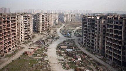 of a Chinese construction site with unfinished buildings, symbolizing stagnation in development, with ample space for text. China and the World Economy [China]:[Economy Slowdown] Chinese construction 