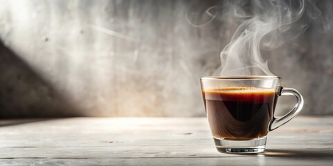 Sticker - Aromatic Steam Rising From a Glass of Dark Coffee on a Wooden Surface