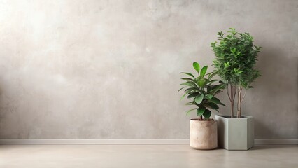 Aufkleber - Two potted plants against a textured wall create a minimalist interior design scene