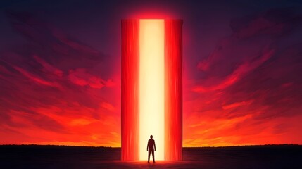 Wall Mural - silhouette of a person standing before a luminous red portal against a fiery sunset. a journey await