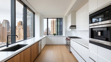 Wall Mural - Modern Luxurious Kitchen with City View and Large Windows