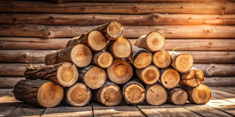 Leinwandbilder - A neatly stacked pile of round logs rests against a rustic log cabin wall, bathed in warm sunlight.