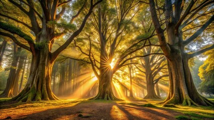 Poster - Golden Sunlight Illuminates Ancient Trees in a Mystical Forest Scene