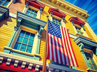 Wall Mural - USA Flag Doodle Art Patriotic Architectural Photography - Yellow Background