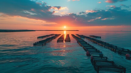 Poster - Warm colors fill the sky as the sun sets over calm waters, casting reflections on wooden platforms arranged in neat rows at a serene harbor.