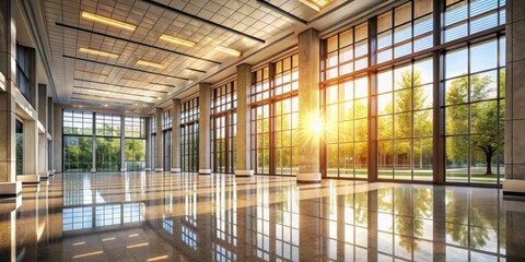 Poster - Sunlit Modern Lobby with Expansive Glass Windows and Polished Floor