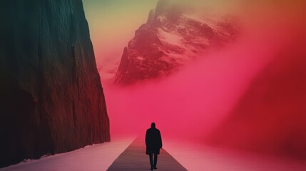 Wall Mural - a lone figure walks a path towards a vibrant, surreal landscape of mountains shrouded in pink mist. 