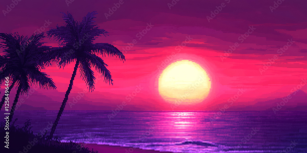 Vibrant pixel art sunset over ocean with palm trees in tropical summer ...