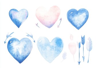 Sticker - A set of adorable, lively watercolor hearts, splashes, and arrows perfect for Valentine's Day cards and banners. Charming hand-drawn pink, blue, and green heart illustrations for romantic decor