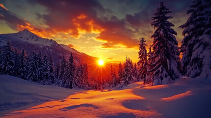 Wall Mural - snowy landscape at sunset with vibrant skies and silhouetted trees in a winter wonderland