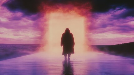 Wall Mural - silhouette of a person in a long coat walking towards a vibrant, otherworldly light source at the en