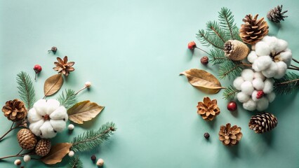 Aufkleber - Elegant Winter Botanical Arrangement with Pine, Cotton, and Dried Leaves on a Soft Green Background