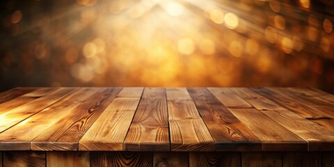 Leinwandbilder - Rustic Wooden Tabletop Against a Warm, Bokeh Background, Ideal for Product Displays or Autumnal Themes