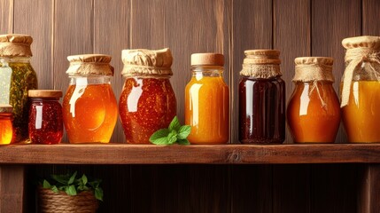 Shelves filled with jars of assorted homemade jams and pickled fruits and vegetables in a kitchen setting